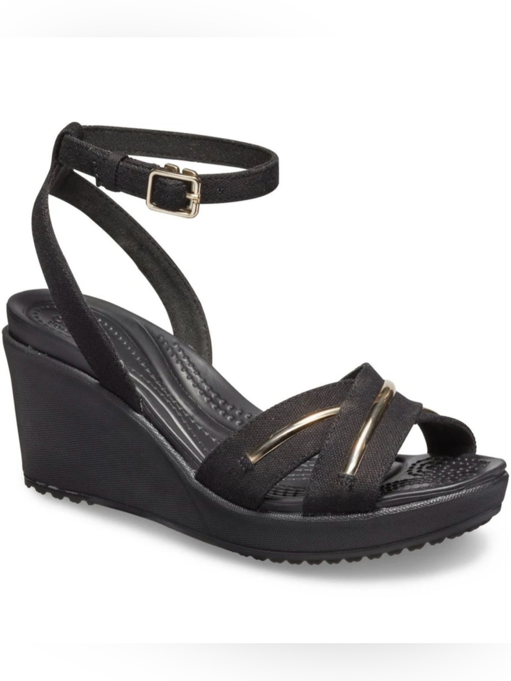 Crocs Leigh II Ankle Strap Wedge Sandals Black Womens Size 6 Metalblock Canvas